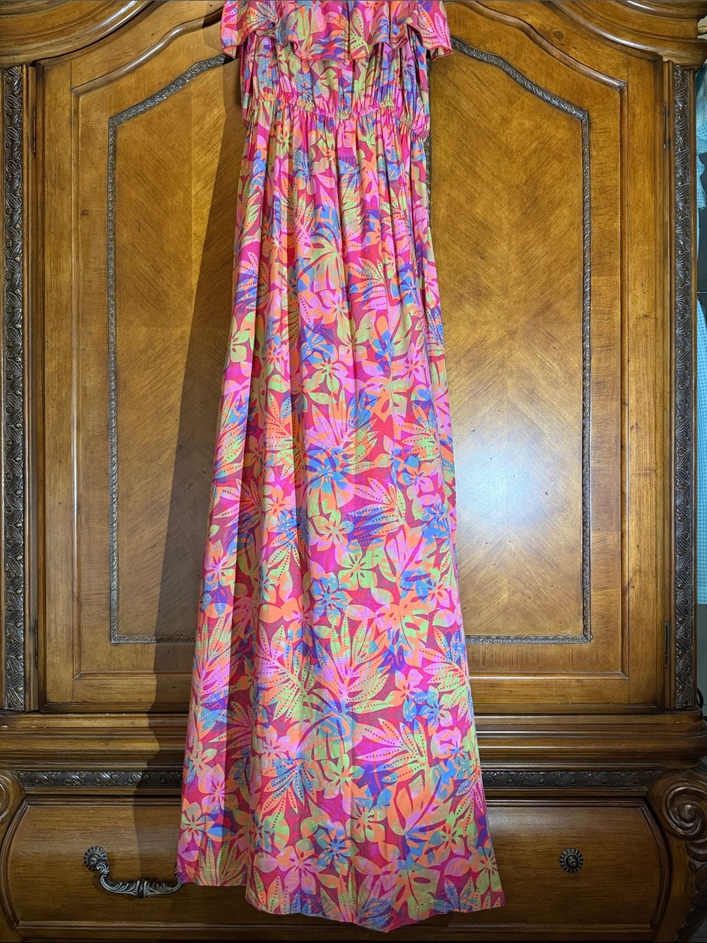 Pink Tropical Print Maxi Skirt with Elastic Waist